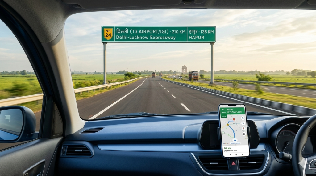 Bareilly to Delhi distance sign board on NH24 highway from inside a taxi cabin